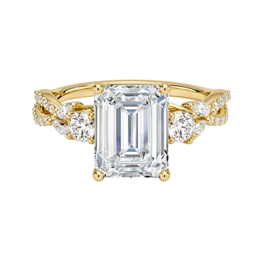 1 To 5 Ct Luxe Willow Three Stone Lab Grown Emerald Diamond Ring with Round&Marquise Accents in 10K/14K/18K Gold | Pooja Diamond | IGI Certified Lab Diamond