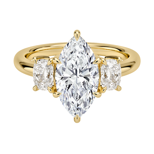 1 To 5 Ct Faye Marquise Cut Lab Grown Diamond Three Stone Engagement Ring with Cushion Side Stones in 10K / 14K / 18K Gold | Pooja Diamond | IGI Certified Lab Diamond