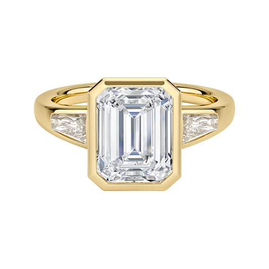 1 TO 5 CT Hayes Emerald Cut Lab Grown Diamond Three Stone Ring with Baguette Side Diamonds in 10K / 14K / 18K Gold | Pooja Diamond | IGI Certified Lab Diamond