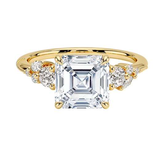 1 To 5 CT Camellia Three Stone Asscher Cut Lab Grown Diamond Ring in 10K/14K/18K Gold | Pooja Diamond | IGI Certified Lab Diamond