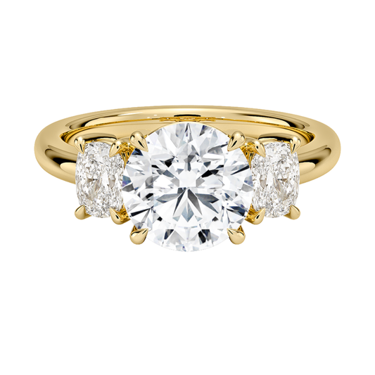 1 To 5 Ct Faye Round Cut Lab Grown Diamond Three Stone Engagement Ring with Cushion Side Stones in 10K / 14K / 18K Gold | Pooja Diamond | IGI Certified Lab Diamond