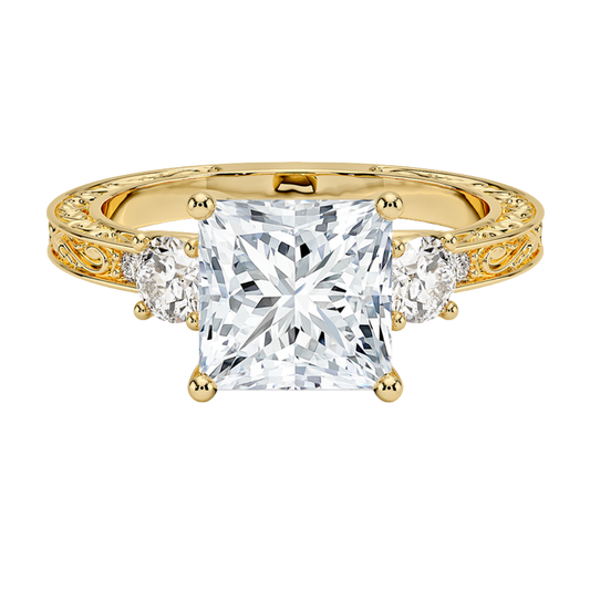 1 TO 5 CT Antique Scroll Engraved Princess Cut Three Stone Lab Grown Diamond Ring in 10K/14K/18K Gold | Pooja Diamond | IGI Certified Lab Diamond
