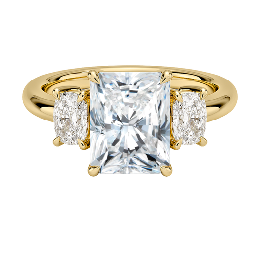 1 To 5 Ct Faye Radiant Cut Lab Grown Diamond Three Stone Engagement Ring with Cushion Side Stones in 10K / 14K / 18K Gold | Pooja Diamond | IGI Certified Lab Diamond