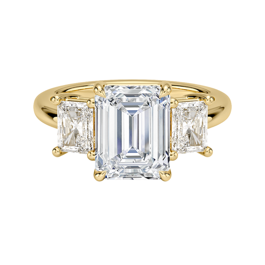 1 TO 5 CT Luxe Helena Emerald Cut Lab Grown Diamond Three Stone Ring with Radiant Side Diamonds in 10K / 14K / 18K Gold | Pooja Diamond | IGI Certified Lab Diamond