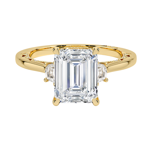 1 To 5 Ct Lunetta Crescent Emerald Cut Lab Grown Diamond Three Stone Ring in 10K/14K/18K Gold | Pooja Diamond | IGI Certified Lab Diamond