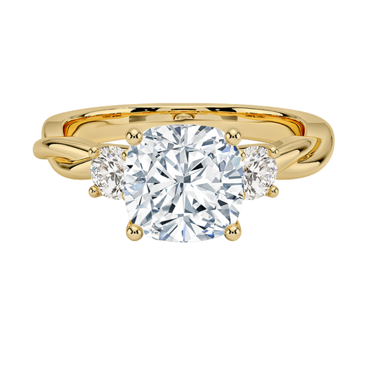 1 TO 5 CT Twisted Vine Three Stone Cushion Cut Lab-Grown Diamond Ring in 10K/14K/18K Gold | Pooja Diamond | IGI Certified Lab Diamond