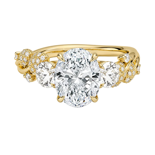1 To 5 CT Canopy Three Stone Lab-Grown Diamond Ring in 10K/14K/18K Gold – Oval Cut Center with Nature-Inspired Round Diamond Accents | Pooja Diamond | IGI Certified Lab Diamond
