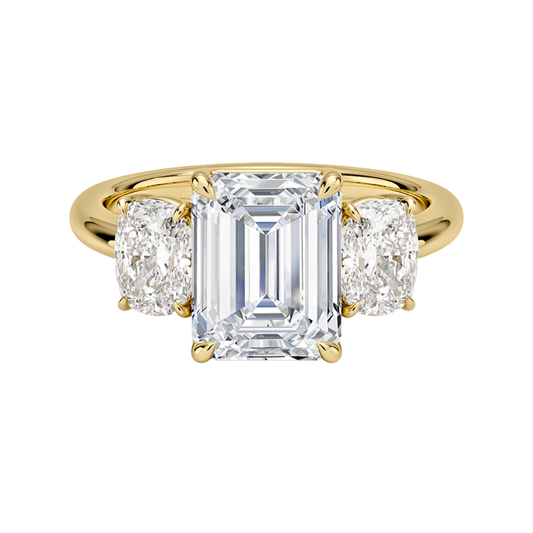 1 TO 5 Ct Luxe Faye Emerald Cut Lab Grown Diamond Three Stone Ring with Oval Side Diamonds in 10K / 14K / 18K Gold | Pooja Diamond | IGI Certified Lab Diamond