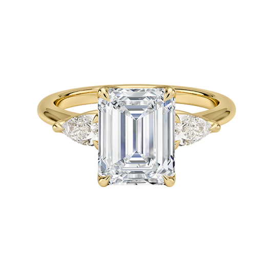 1 To 5 Ct Fleur Emerald Cut Lab Grown Diamond Three Stone Engagement Ring with Pear Side Stones in 10K / 14K / 18K Gold | Pooja Diamond | IGI Certified Lab Diamond