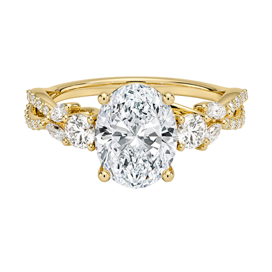 1 To 5 Ct Luxe Willow Three Stone Lab Grown Oval Diamond Ring with Round&Marquise Accents in 10K/14K/18K Gold | Pooja Diamond | IGI Certified Lab Diamond