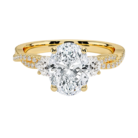 1 To 5 Ct Luxe Petite Twisted Vine Three Stone Lab Grown Oval Diamond Ring in 10K/14K/18K Gold | Pooja Diamond | IGI Certified Lab Diamond