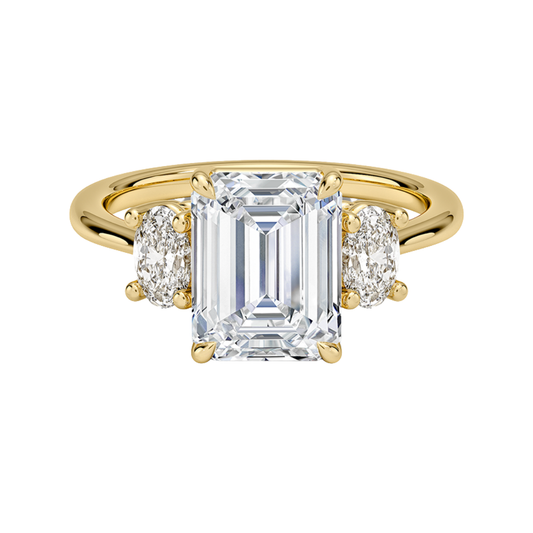 1 To 5 Ct Emerald Cut Lab Grown Diamond Three Stone Engagement Ring with Oval Side Stones in 10K/14K/18K Gold | Pooja Diamond | IGI Certified Lab Diamond