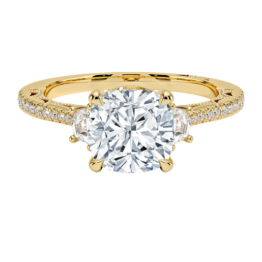 1 TO 5 Ct Lunetta Crescent Pavé Three Stone Cushion Cut Lab Grown Diamond Ring in 10K/14K/18K Gold | Pooja Diamond | IGI Certified Lab Diamond