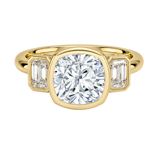 1 To 5 Ct Rhiannon Cushion Bezel Three Stone Lab-Grown Diamond Ring in 10K/14K/18K Gold | Pooja Diamond | IGI Certified Lab Diamond