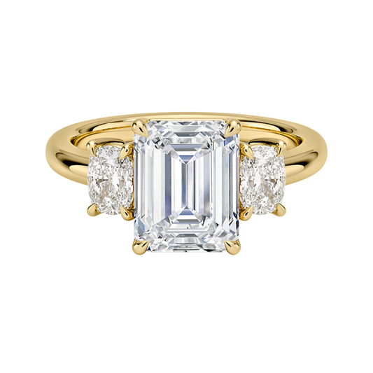 1 To 5 Ct Faye Emerald Cut Lab Grown Diamond Three Stone Engagement Ring with Cushion Side Stones in 10K / 14K / 18K Gold | Pooja Diamond | IGI Certified Lab Diamond