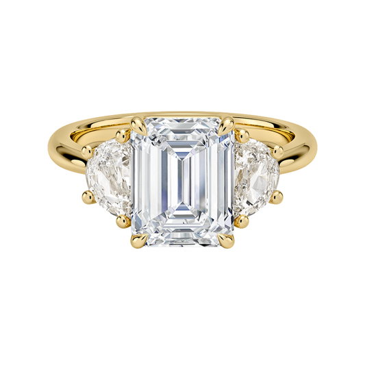 1 TO 5 CT Half Moon Three Stone Emerald Cut Lab Grown Diamond Engagement Ring in 10K/14K/18K White Gold | Pooja Diamond | IGI Certified Lab Diamond