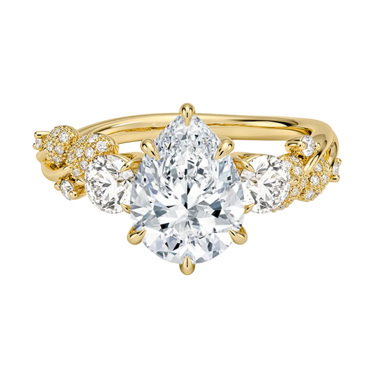 1 To 5 CT Canopy Three Stone Lab-Grown Diamond Ring in 10K/14K/18K Gold – Pear Cut Center with Nature-Inspired Round Diamond Accents | Pooja Diamond | IGI Certified Lab Diamond