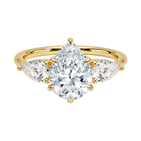 1 TO 5 Ct Luxe Opera Pear Cut Lab Grown Diamond Three Stone Ring with Pear Side Diamonds in 10K / 14K / 18K Gold | Pooja Diamond  | IGI Certified Lab Diamond