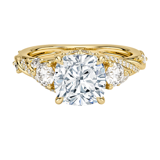 1 To 5 CT Begonia Vine Three Stone Lab-Grown Diamond Ring in 10K/14K/18K Gold – Cushion Cut Center with Marquise & Round Side Diamonds | Pooja Diamond | IGI Certified Lab Diamond