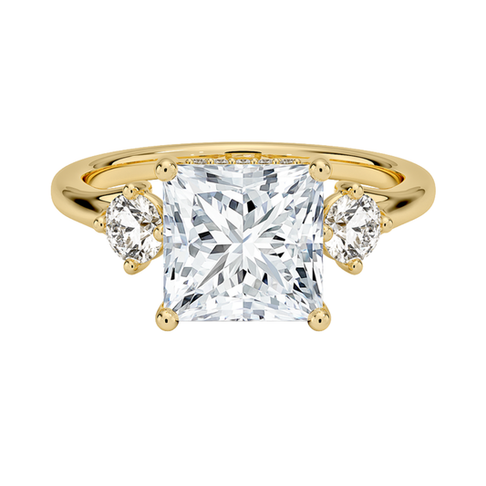 1 To 5 Ct Luxe Floating Princess Cut Lab Grown Diamond Three Stone Ring with Hidden Halo in 10K / 14K / 18K Gold | Pooja Diamond | IGI Certified Lab Diamond