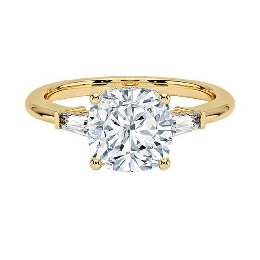 1 To 5 Ct Adorned Tapered Baguette Cushion Cut Three Stone Lab Grown Diamond Ring in 10K/14K/18K Gold | Pooja Diamond | IGI Certified Lab Diamond