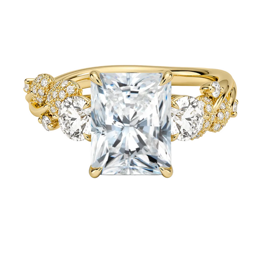 1 To 5 CT Canopy Three Stone Lab-Grown Diamond Ring in 10K/14K/18K Gold – Radiant Cut Center with Nature-Inspired Round Diamond Accents | Pooja Diamond | IGI Certified Lab Diamond