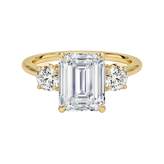 1 To 5 CT Petal Emerald & Round Three Stone Lab-Grown Diamond Ring in 10K/14K/18K Gold | Pooja Diamond | IGI Certified Lab Diamond