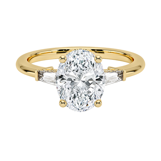 1 To 5 Ct Adorned Tapered Baguette Oval Cut Three Stone Lab Grown Diamond Ring in 10K/14K/18K Gold | Pooja Diamond | IGI Certified Lab Diamond