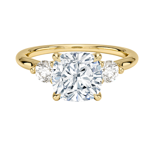 1 TO 5 CT Freesia Cushion Cut Lab Grown Diamond Three Stone Engagement Ring with Round Side Diamonds in 10K / 14K / 18K Gold | Pooja Diamond | IGI Certified Lab Diamond
