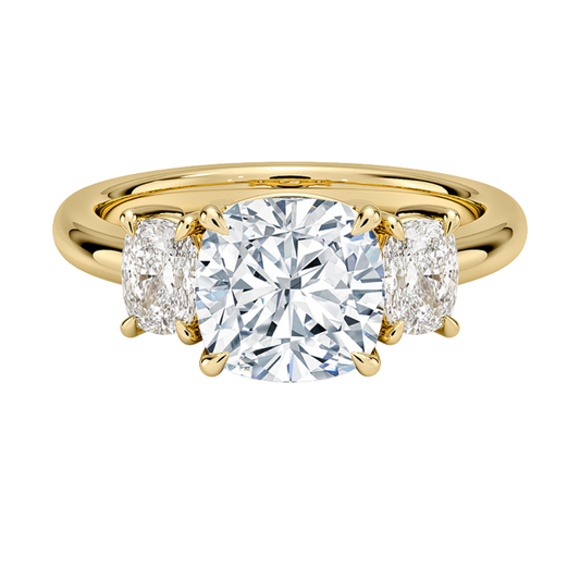 1 To 5 Ct Faye Cushion Cut Lab Grown Diamond Three Stone Engagement Ring with Cushion Side Stones in 10K / 14K / 18K Gold | Pooja Diamond | IGI Certified Lab Diamond