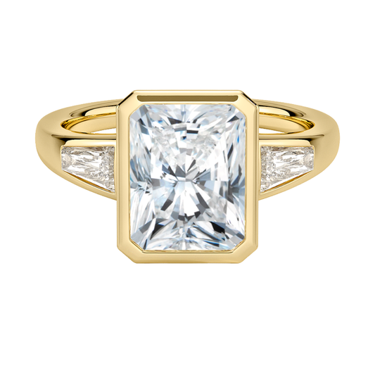 1 TO 5 CT Hayes Radiant Cut Lab Grown Diamond Three Stone Ring with Baguette Side Diamonds in 10K / 14K / 18K Gold | Pooja Diamond | IGI Certified Lab Diamond