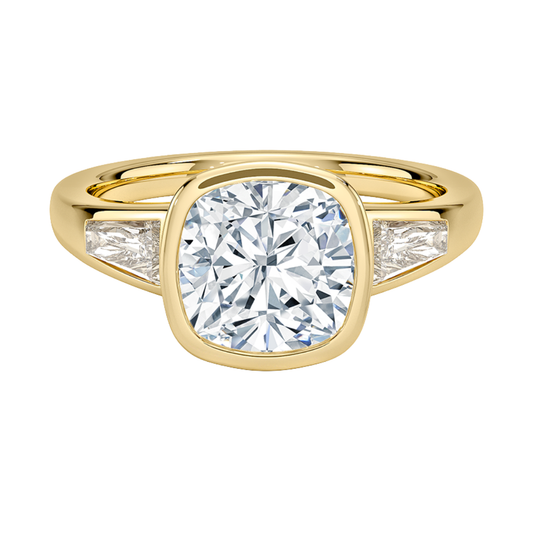 1 TO 5 CT Hayes Cushion Cut Lab Grown Diamond Three Stone Ring with Baguette Side Diamonds in 10K / 14K / 18K Gold | Pooja Diamond | IGI Certified Lab Diamond