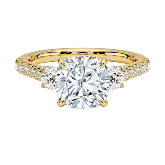 1 To 5 Ct Amelie Cushion Cut Three Stone Lab Grown Diamond Ring with Pave Band in 10K/14K/18K Gold | Pooja Diamond | IGI Certified Lab Diamond