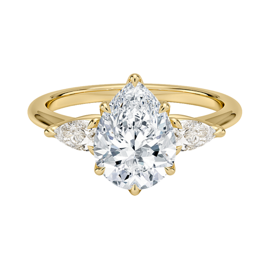 1 To 5 Ct Fleur Pear Cut Lab Grown Diamond Three Stone Engagement Ring with Pear Side Stones in 10K / 14K / 18K Gold | Pooja Diamond | IGI Certified Lab Diamond