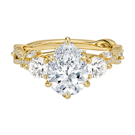 1 To 5 Ct Luxe Secret Garden Three Stone Lab Grown Pear Diamond Ring with Round & Marquise Accents in 10K/14K/18K Gold | Pooja Diamond | IGI Certified Lab Diamond
