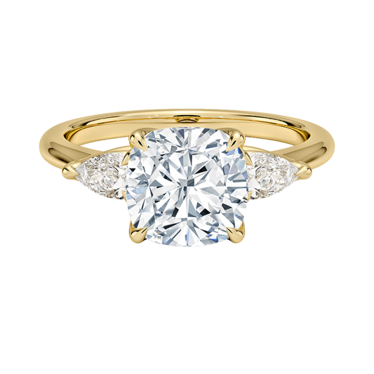 1 To 5 Ct Fleur Cushion Cut Lab Grown Diamond Three Stone Engagement Ring with Pear Side Stones in 10K / 14K / 18K Gold | Pooja Diamond | IGI Certified Lab Diamond