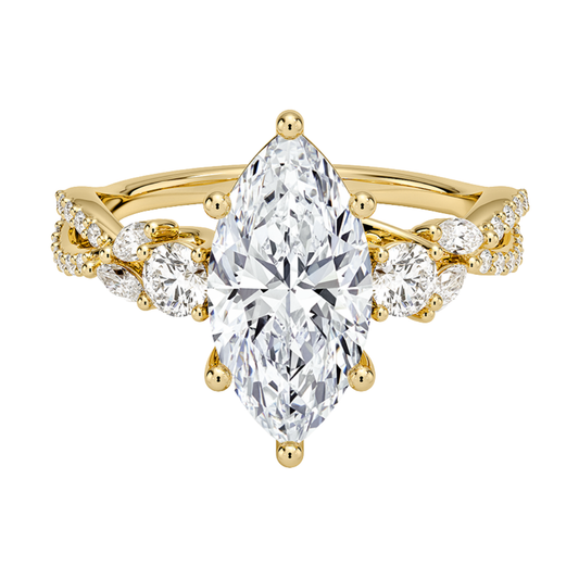 1 To 5 Ct Luxe Willow Three Stone Lab Grown Marquise Diamond Ring with Round&Marquise Accents in 10K/14K/18K Gold | Pooja Diamond | IGI Certified Lab Diamond