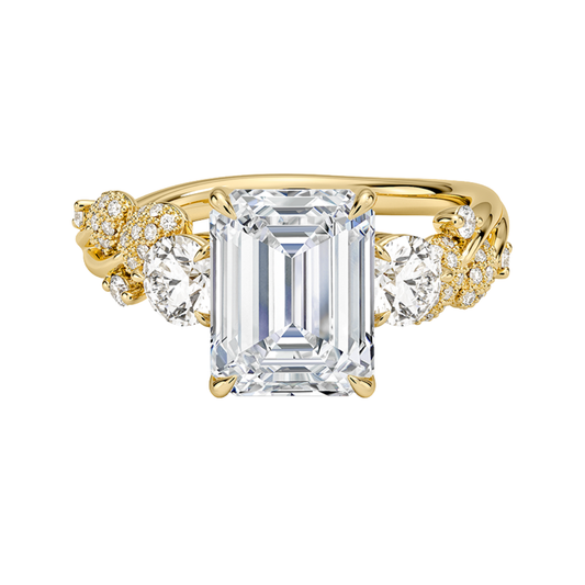 1 To 5 CT Canopy Three Stone Lab-Grown Diamond Ring in 10K/14K/18K Gold – Emerald Cut Center with Nature-Inspired Round Diamond Accents | Pooja Diamond | IGI Certified Lab Diamond