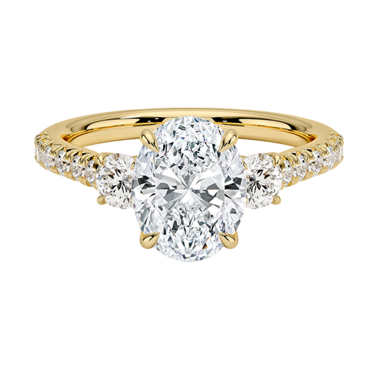 1 To 5 Ct Amelie Oval Cut Three Stone Lab Grown Diamond Ring with Pave Band in 10K/14K/18K Gold | Pooja Diamond | IGI Certified Lab Diamond