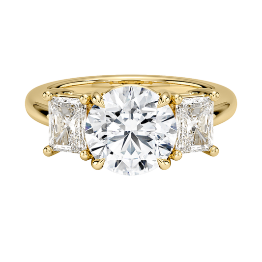 1 TO 5 CT Luxe Helena Round Cut Lab Grown Diamond Three Stone Ring with Radiant Side Diamonds in 10K / 14K / 18K Gold | Pooja Diamond | IGI Certified Lab Diamond