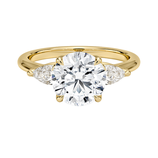 1 To 5 Ct Fleur Round Cut Lab Grown Diamond Three Stone Engagement Ring with Pear Side Stones in 10K / 14K / 18K Gold | Pooja Diamond | IGI Certified Lab Diamond