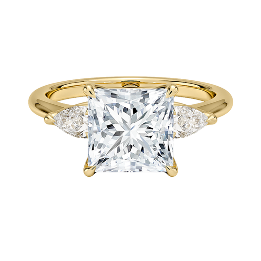 1 To 5 Ct Fleur Princess Cut Lab Grown Diamond Three Stone Engagement Ring with Pear Side Stones in 10K / 14K / 18K Gold | Pooja Diamond | IGI Certified Lab Diamond