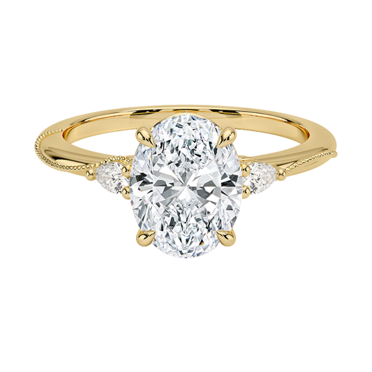 1 To 5 CT Camellia Oval Cut Three Stone Pear Lab Grown Diamond Ring in 10K/14K/18K Gold | Pooja Diamond | IGI Certified Lab Diamond