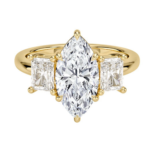 1 TO 5 CT Luxe Helena Marquise Cut Lab Grown Diamond Three Stone Ring with Radiant Side Diamonds in 10K / 14K / 18K Gold | Pooja Diamond | IGI Certified Lab Diamond