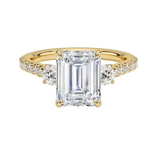 1 To 5 Ct Amelie Emerald Cut Three Stone Lab Grown Diamond Ring with Pave Band in 10K/14K/18K Gold | Pooja Diamond | IGI Certified Lab Diamond