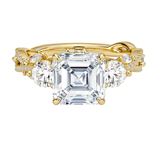 1 To 5 Ct Luxe Secret Garden Three Stone Lab Grown Asscher Diamond Ring with Round & Marquise Accents in 10K/14K/18K Gold | Pooja Diamond | IGI Certified Lab Diamond