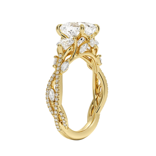 1 To 5 Ct Luxe Secret Garden Three Stone Lab Grown Cushion Diamond Ring with Round & Marquise Accents in 10K/14K/18K Gold | Pooja Diamond | IGI Certified Lab Diamond
