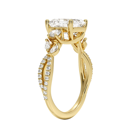 1 To 5 Ct Luxe Willow Three Stone Lab Grown Asscher Diamond Ring with Round&Marquise Accents in 10K/14K/18K Gold | Pooja Diamond | IGI Certified Lab Diamond