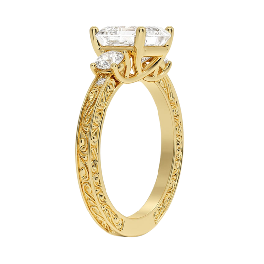 1 TO 5 CT Antique Scroll Engraved Asscher Cut Three Stone Lab Grown Diamond Ring in 10K/14K/18K Gold | Pooja Diamond | IGI Certified Lab Diamond