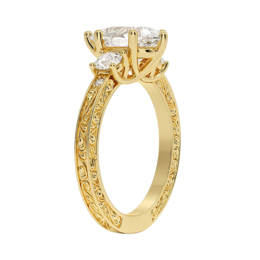 1 TO 5 CT Antique Scroll Engraved Pear Cut Three Stone Lab Grown Diamond Ring in 10K/14K/18K Gold | Pooja Diamond | IGI Certified Lab Diamond
